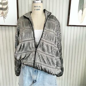ADS 80’s Vintage Liquid Silver Metallic Ruched Zip Up Bomber Jacket